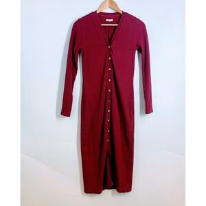 Grey State Burgundy Ribbed Knit Button Front Long Sleeve Midi Dress Womens SZ XS